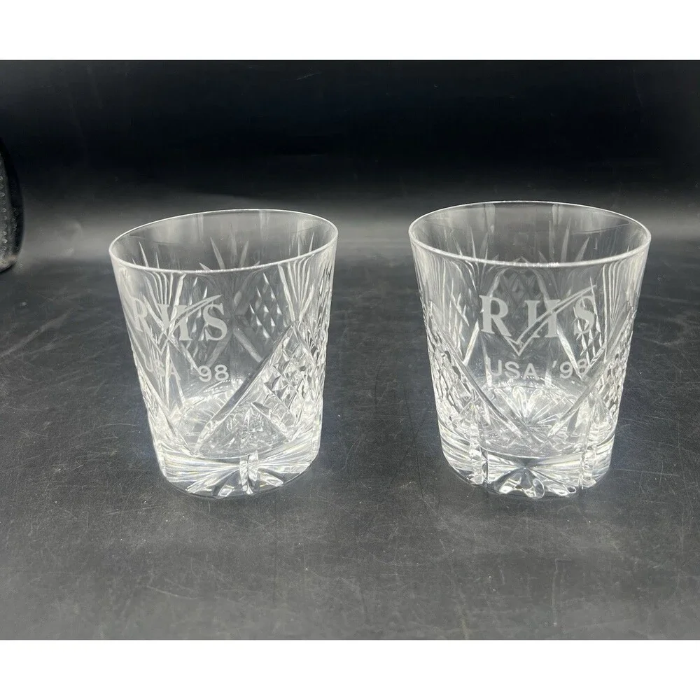 Set of 2 Cut Crystal Whiskey Tumblers RHS USA 98 Etched Double Old Fashioned